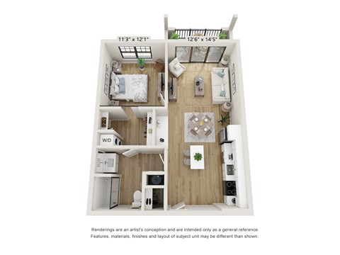 Floor plan for 1 bed, 1 bath, 669 sqft